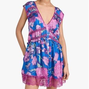 Free People Spring Fling Floral Mini Dress w/Lace trim Size Small